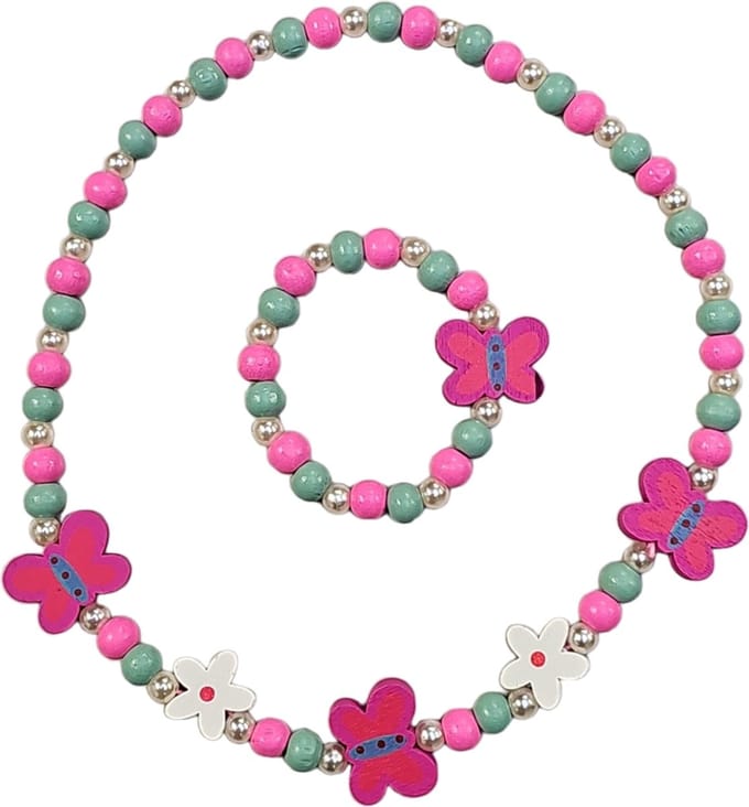 Fako Bijoux® - Kinderketting en Armband - Hout - Vlinders & Bloemetjes