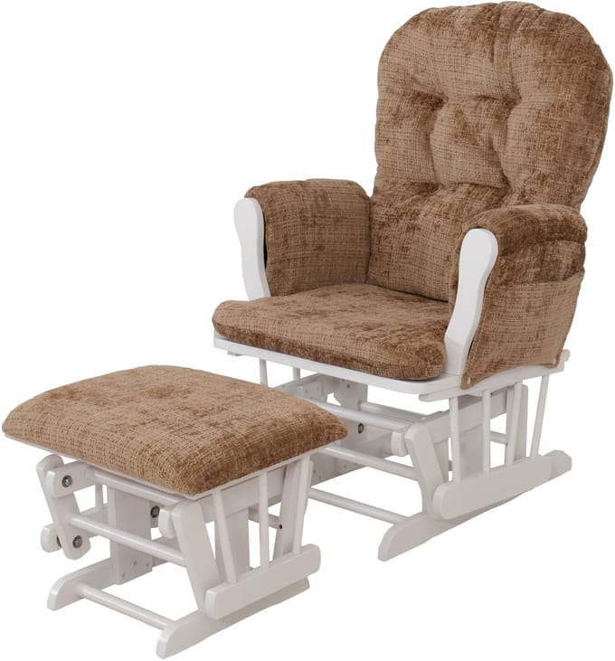 Relaxstoel MCW-C76, schommelstoel met voetenbankje, bekleding van chenille (465 g/m²) ~ lichtbruin, frame wit