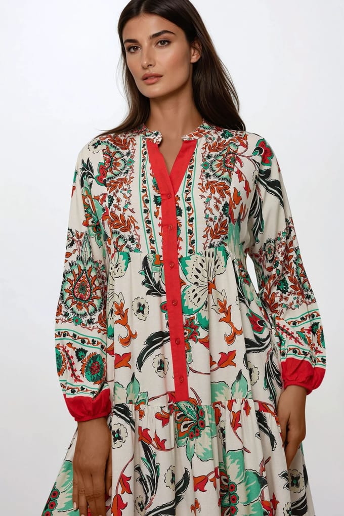 Gedrukte Lange Mouwen Viscose Maxi Jurk
