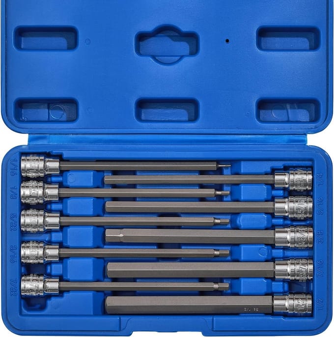 10-delige Extra Lange Inbus Bit Socket Set (3/8" Drive) - SAE Maten 1/16" tot 1/2"
