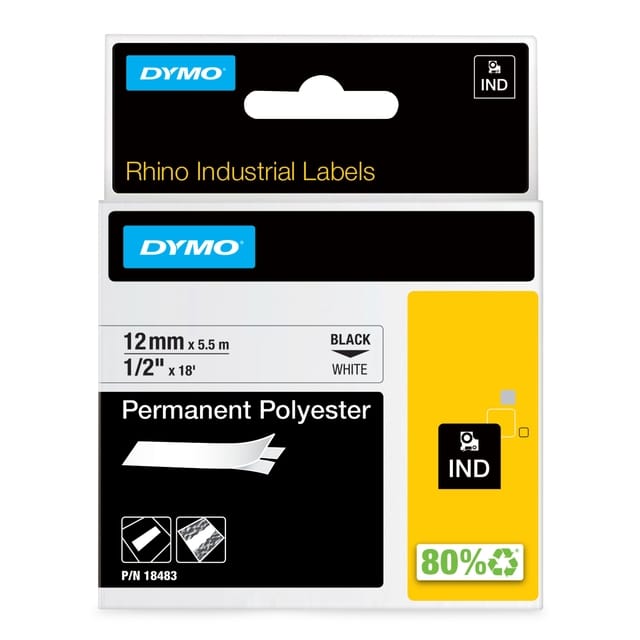 Labeltape dymo rhino industrieel polyester 12mm Zwart op wit