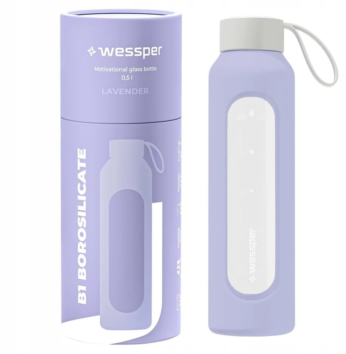 Glazen Motivatiefles 500ml – Duurzame Waterfles in LAVENDEL