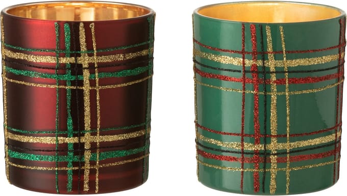 J-Line theelichthouder Geruit - glas - rood/groen - large - 2 stuks