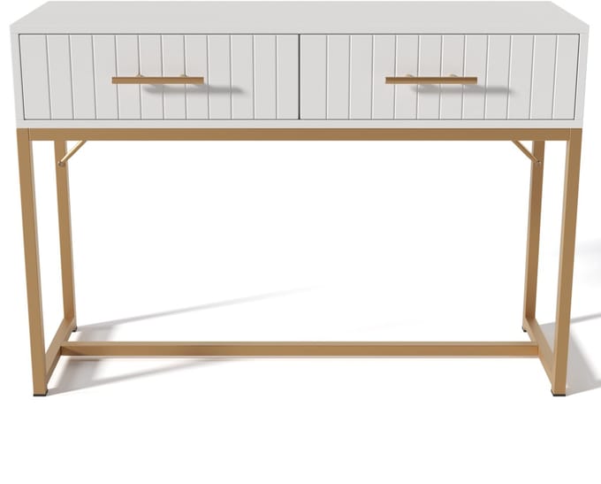 HOMCOM Modern - Make-uptafel met 2 Laden - Gouden Handgrepen & Metalen Voet - Geribbeld Design - Wit 100x75x45 cm