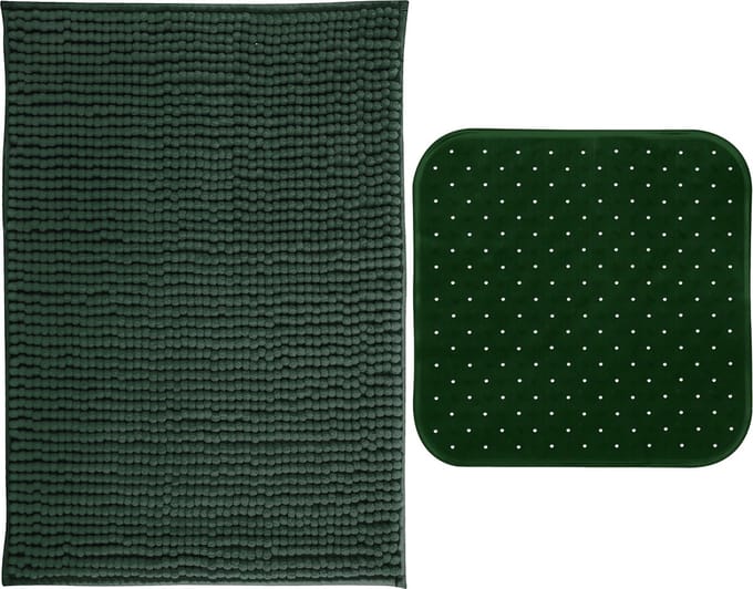 MSV Douche anti-slip mat en droogloop mat - Sevilla badkamer set - rubber/microvezel - donkergroen