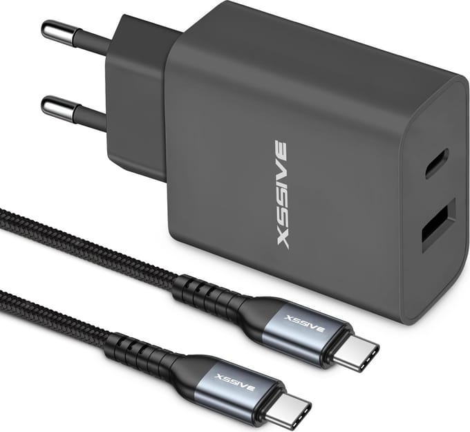2-in-1 USB C Adapter met Veilige USB C naar USB C Kabel - Fast en Quick Charge - 1 Meter