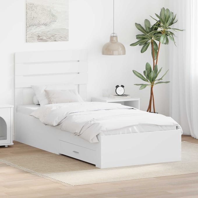 vidaXL - Bedframe - met - lade - met - hoofdeinde - Wit - 90 - x - 190 - cm - Bewerkt - hout
