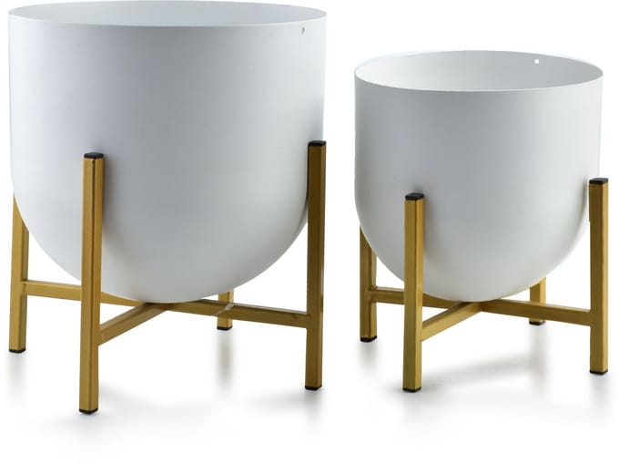 Bloempot op staander wit en goud metaal. Set van 2 stuks