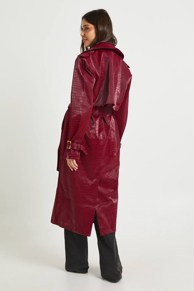 boohoo Dames Croc Faux Leather Trench Coat | Red | Maat: 8