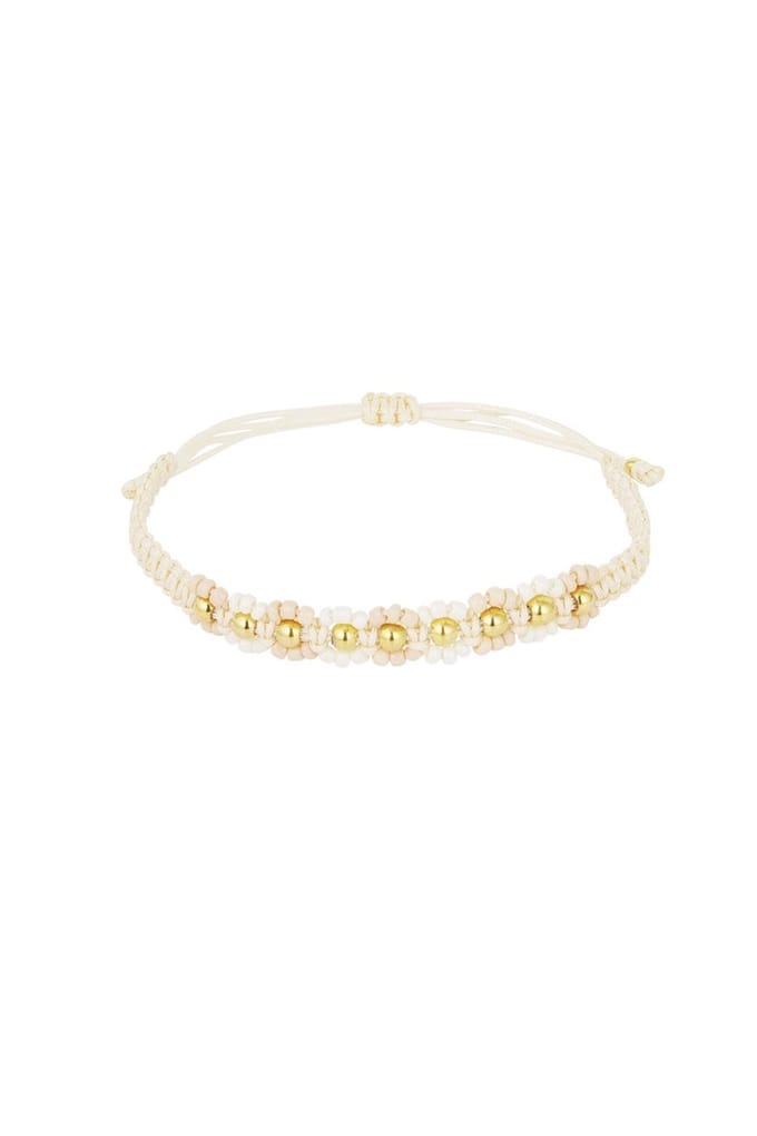 Yehwang Gevlochten armband met bloemetjes - Beige/Goudkleurig