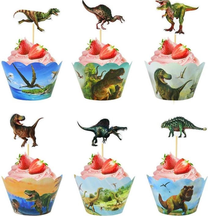 24 stuks cupcake omslagen dinosaurussen + 24 stuks toppers