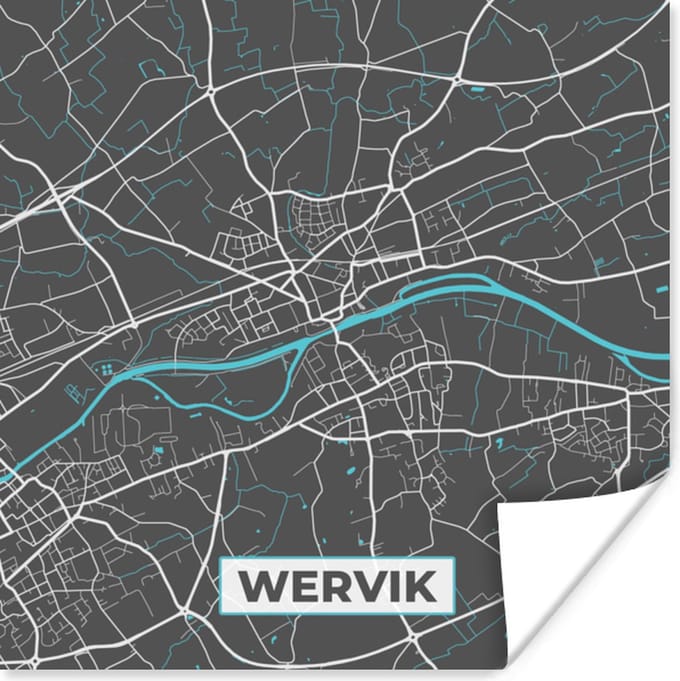 Poster Plattegrond – Wervik – Blauw – Stadskaart - Kaart - 75x75 cm