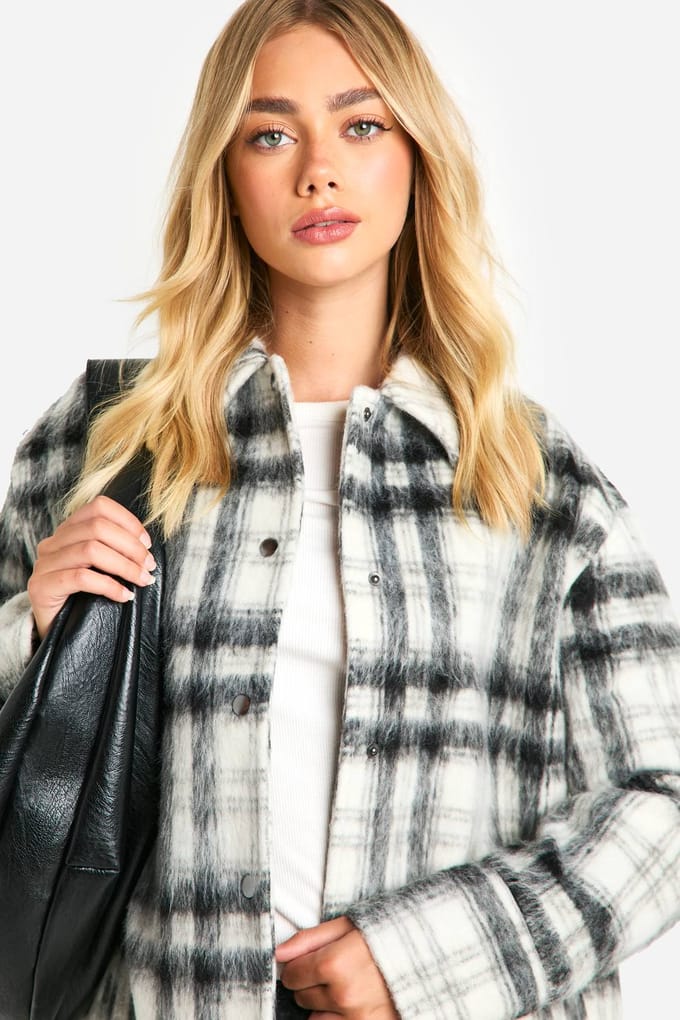 boohoo Dames Check Wool Look Shacket | Black | Maat: 10