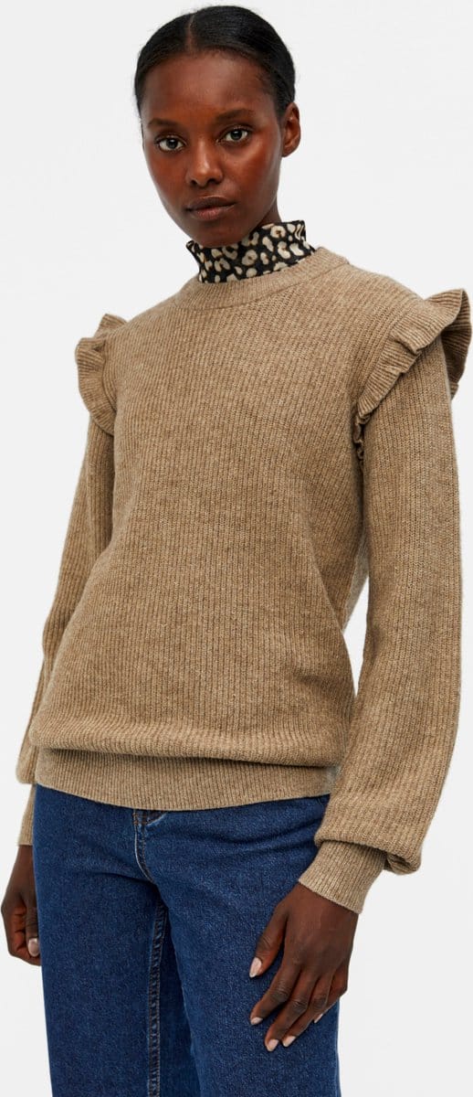 Object Malena L/s Ruffle Pullover Truien & vesten Dames - Sweater - Hoodie - Vest- Bruin - Maat S
