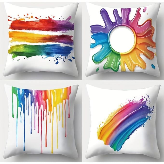 Housse de coussin Impression numérique Artwork Arc-en-ciel Peluche courte Convient aux salons chambres canapés Coussin d'appoint 4 pièces 50x50cm