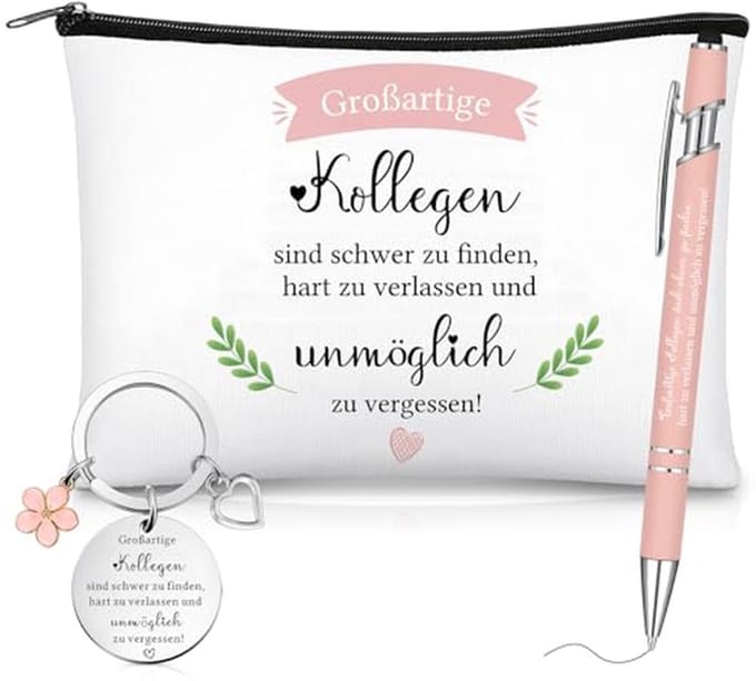 Cadeauset - voor afscheid op de werkvloer - Make-uptas, sleutelhanger en balpen