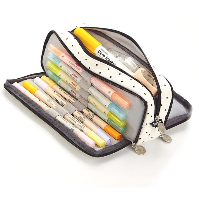 Grote Pennenhouder Multi Pocket Dubbele Opening Schattige Schrijfwaren Tas voor Student School Zwart beige