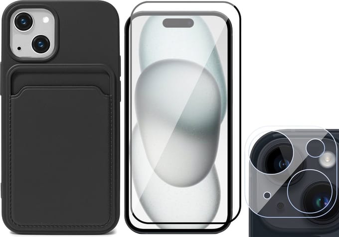 Hoesje Pasjeshouder geschikt voor iPhone 15 - Screenprotector FullGuard + Camera Lens Screen Protector - Siliconen Case Back Cover Zwart