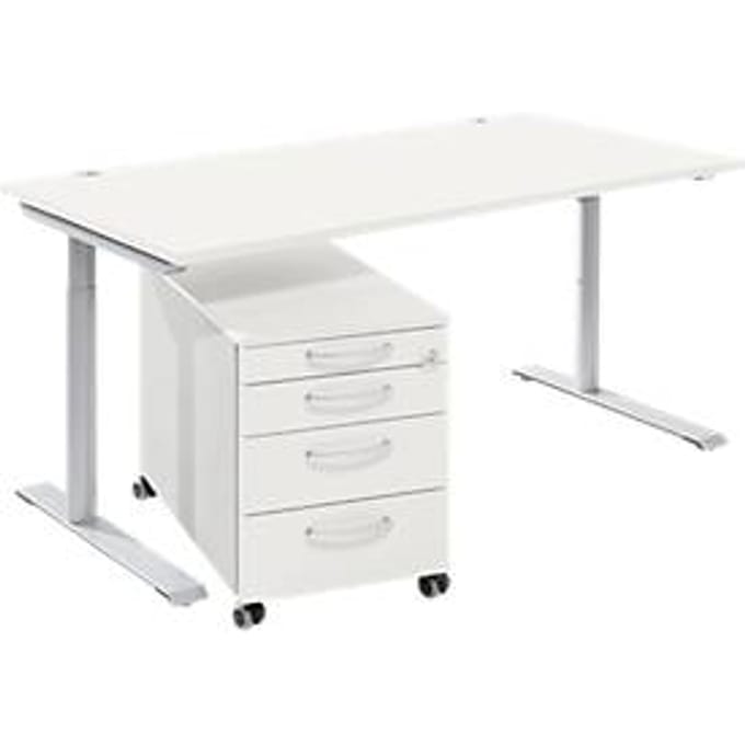 Complete meubelset Modena Flex, bureautafel B 1600 mm, in hoogte verstelbaar en verrijdbaar ladeblok, wit