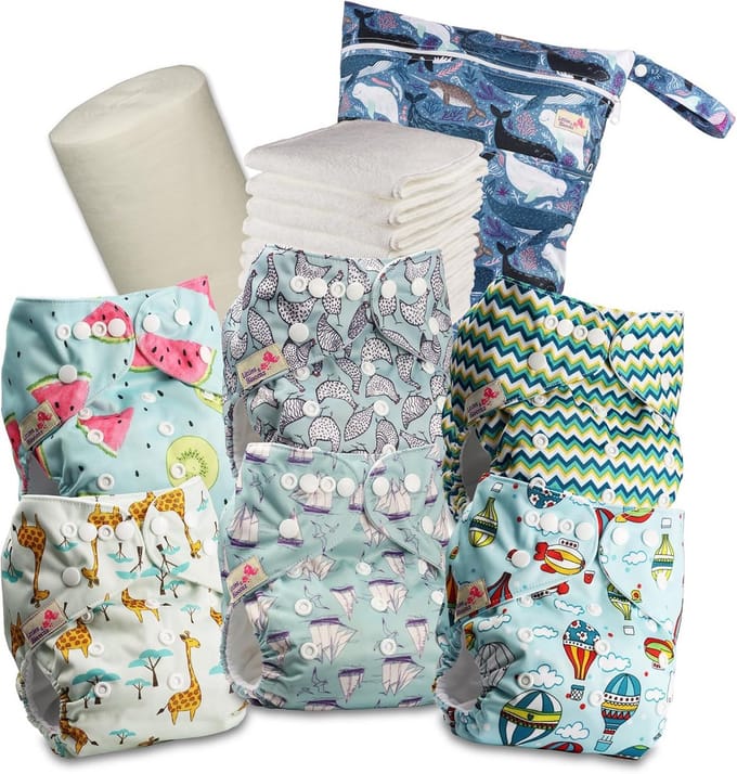 Set van 6 Wasbare Luiers One-Size met Inleggers en Luiertas