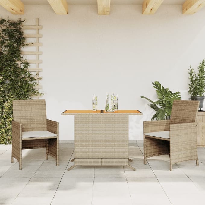 vidaXL - 3-delige - Bistroset - met - kussens - poly - rattan - beige
