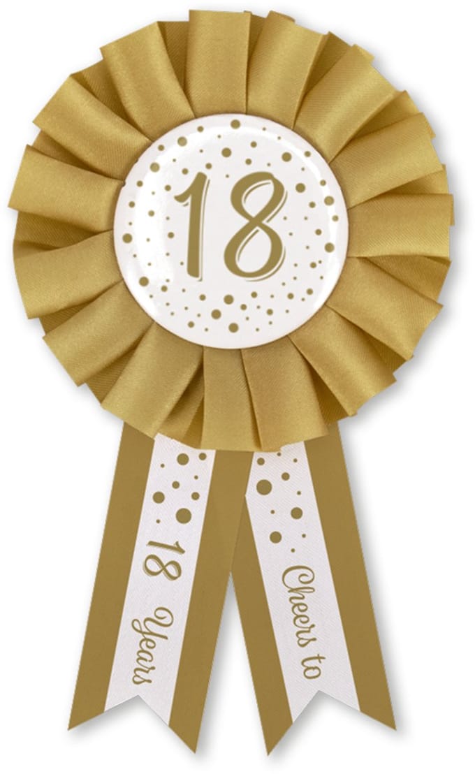 Q2P - 18 Jaar Rozet - Verjaardag Versiering - Wit & Goud - Feest - Buttons - Rosette