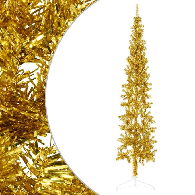 vidaXL - Kunstkerstboom - half - met - standaard - smal - 240 - cm - goudkleurig