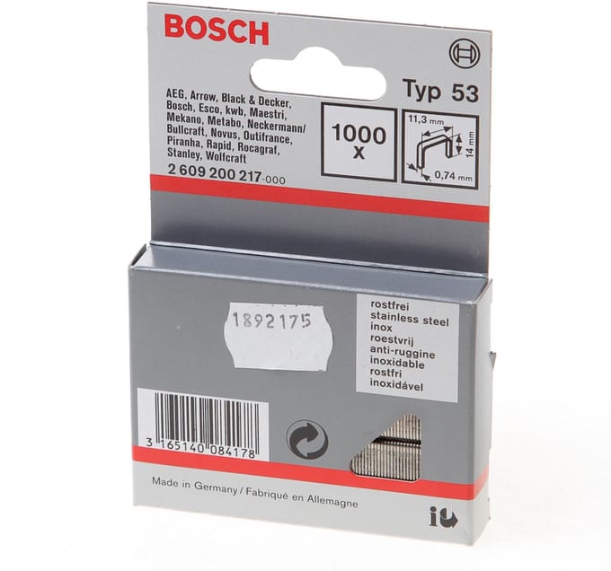 Fijndraadniet type 53, 11,4 x 0,74 x 14 mm, 1000 stuks, uit roestvrij staal 1000 stuk(s) Bosch Accessories 2609200217 Afm. (l x b) 14 mm x 11.4 mm