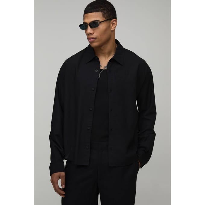 Oversized Boxy Long Sleeve Linen Co-Ord Blend Shirt | Black | Size Small