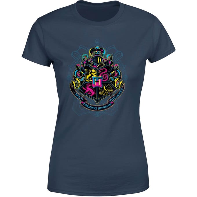 Harry Potter Hogwarts Neon Crest Women's T-Shirt - Navy - XL