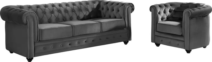 Vente-unique Driezitsbank en fauteuil CHESTERFIELD - velours - antraciet