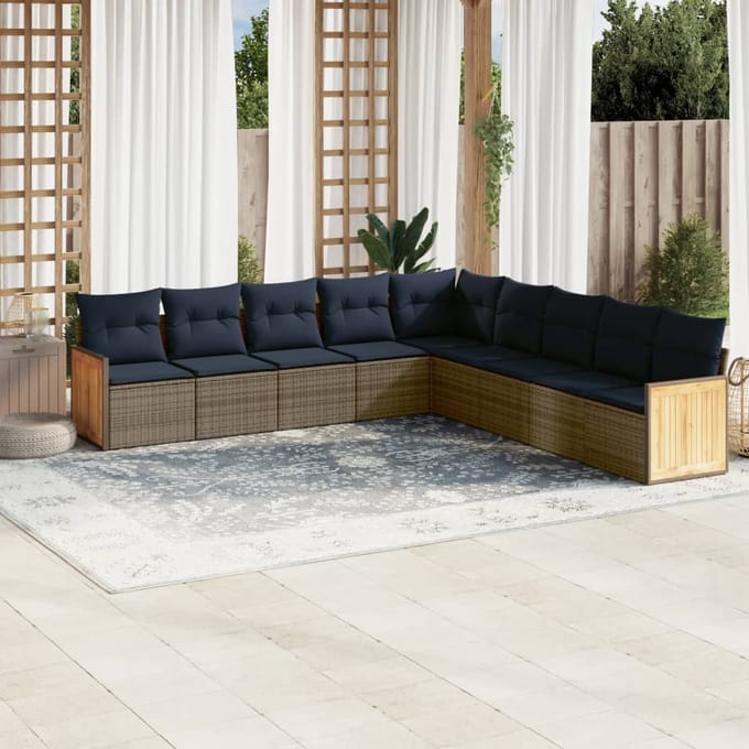 vidaXL - 9-delige - tuinbankset - met - kussens, - grijs - polyrotan