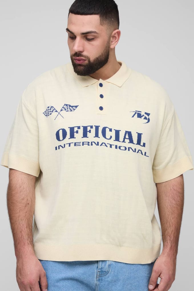 Plus Oversized Official Moto Short Sleeve Knitted Polo | Stone | Size 2XL