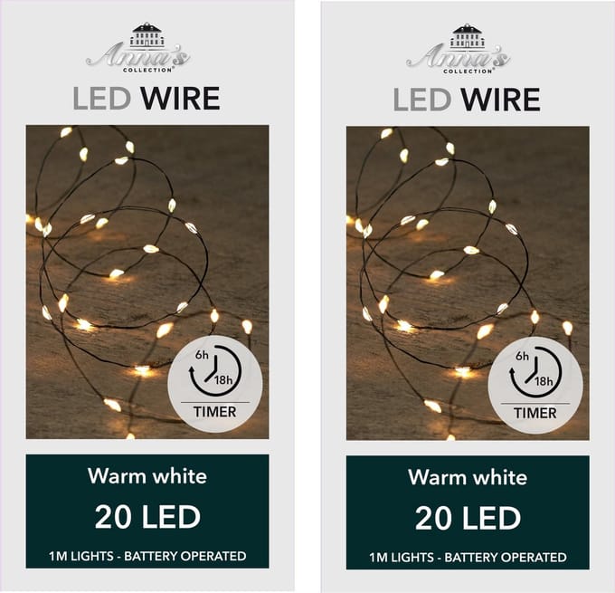 Anna's Collection draadverlichting - 2x - 20 led lampjes - warm wit - 100 cm - batterij - lichtsnoer