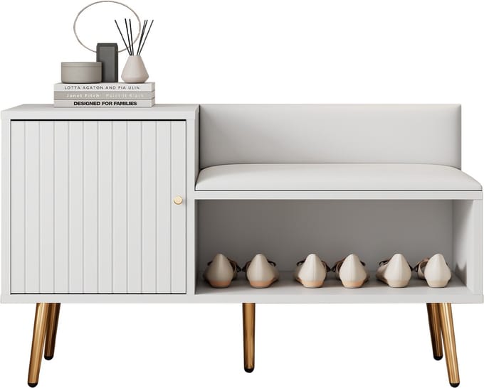 Wit schoenbank van spaanplaat pu leer metaal voor hal 100×38×58cm