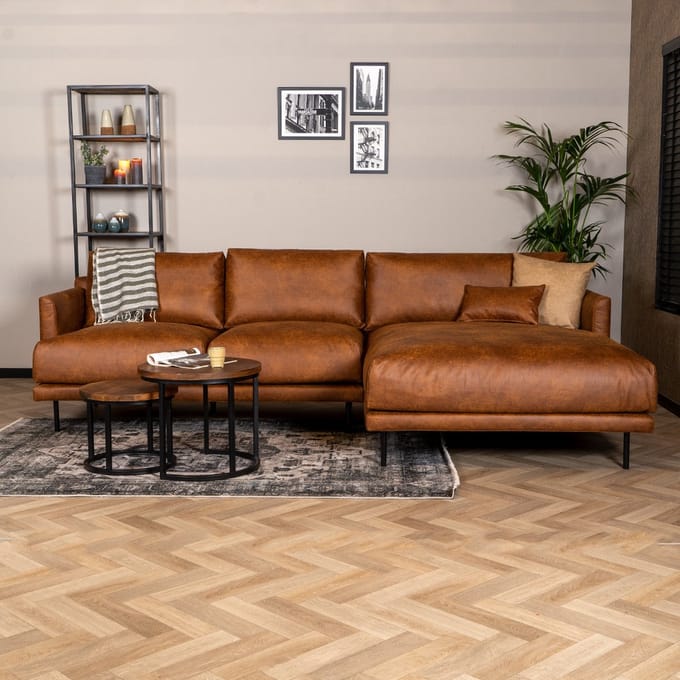 Bronx71® Industriële hoekbank Denver cognac eco-leer rechts
