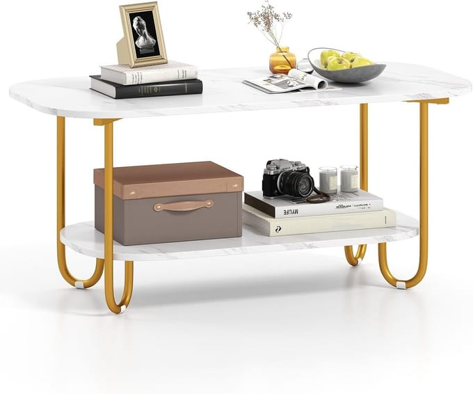 Moderne Salontafel met 2 Planken en Marmerlook - Woonkamertafel Metaal Wit/Goud