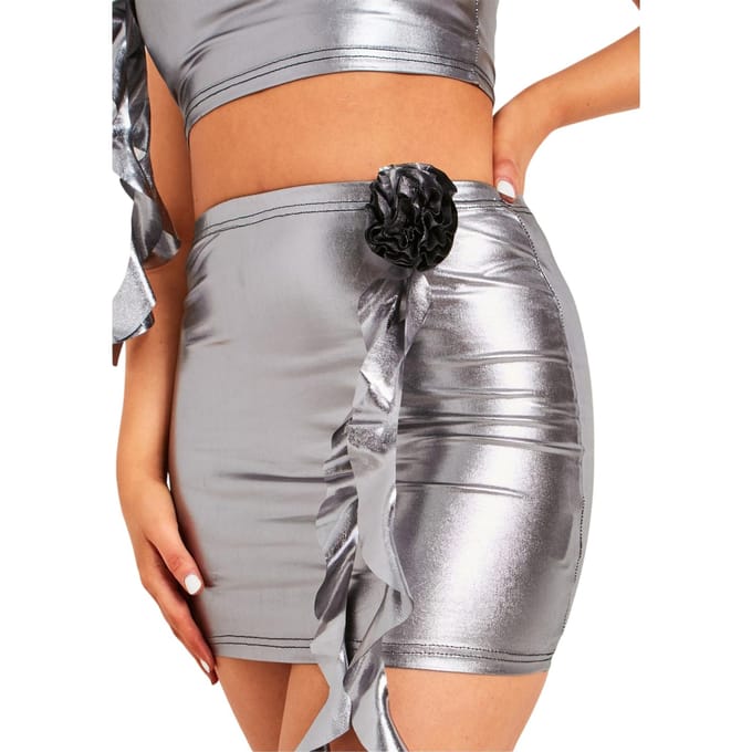 Missy Empire Damesminirok met bloemenprint (Zilver)