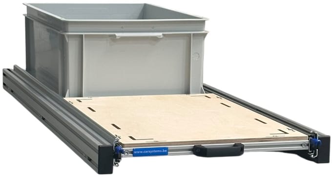 Schuifframe aluminium voor camper 120x40 cm inclusief 1 open bak met multiplex berk 9 mm bovenplaat