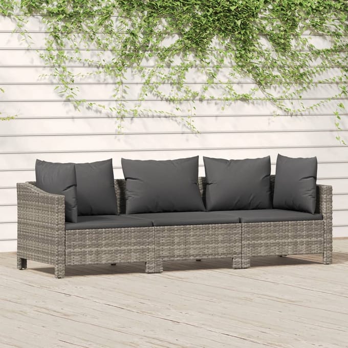 vidaXL - 3-delige - Loungeset - met - kussens - poly - rattan - grijs