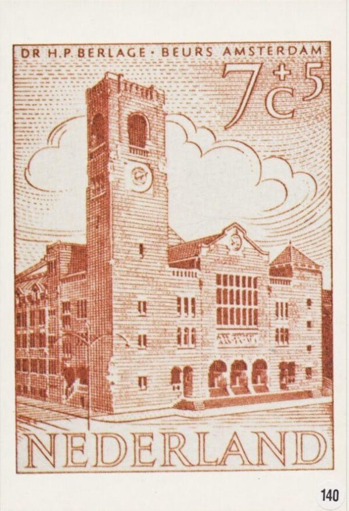 Briefkaart met afbeelding beursgebebouw Berlage te Amsterdam postzegel
