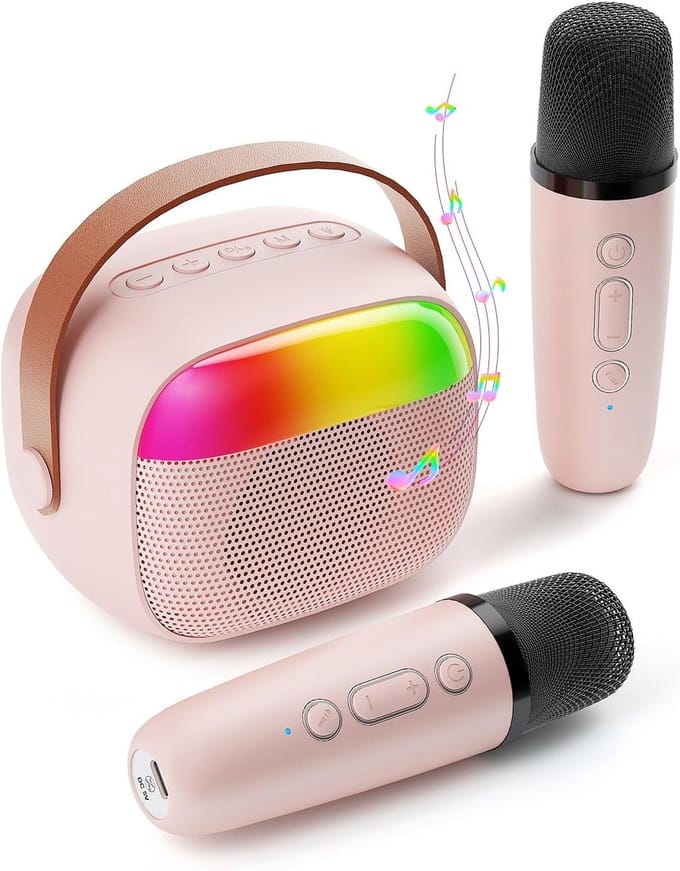 Mini Karaoke Machine - Roze - met 2 draadloze microfoons - Bluetooth 5.3 - HIFI - Ultra HD - 360° stereogeluid
