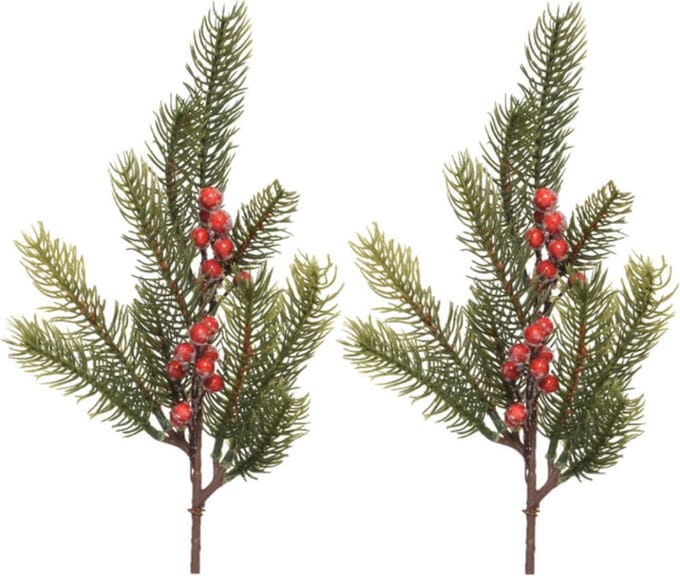 Decoris Kersttakken/dennentakken - 2x - groen met bessen - 36 cm