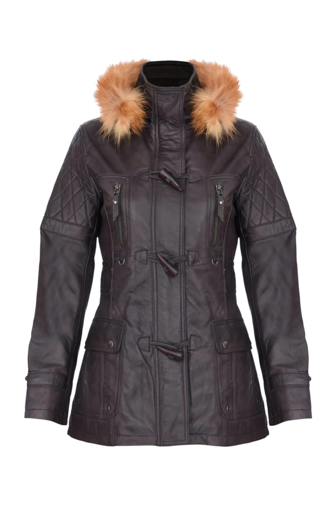 Dames bruine lamsleren gewatteerde parka met bontkraag - Duchess