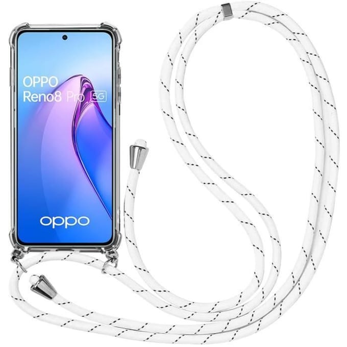 Coque Cordon pour OPPO Reno 8 Pro 5G Protection Renforcé Coins + Cordon Réglable Blanc