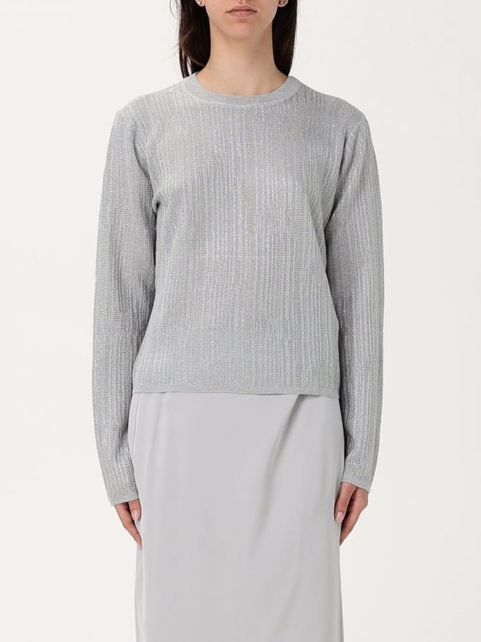 Metallic Knit Pullover Sweater Wo - Silver