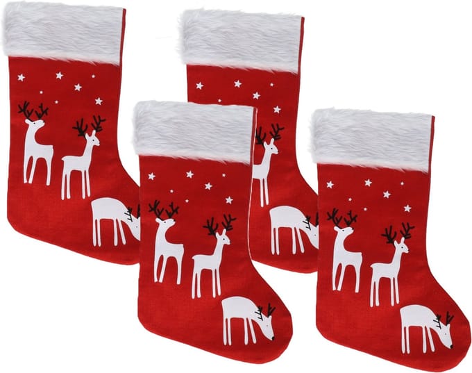 Gerimport Decoratie kerstsokken - 4x - rood - B27 x H46 cm - polyester - rendieren