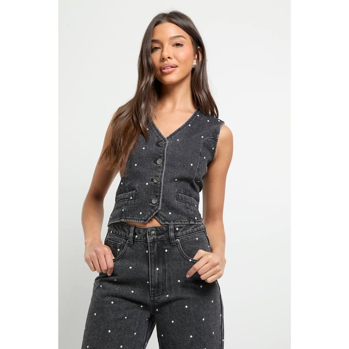 boohoo Dames Denim Gilet met Studs | Washed Black | Maat: 6
