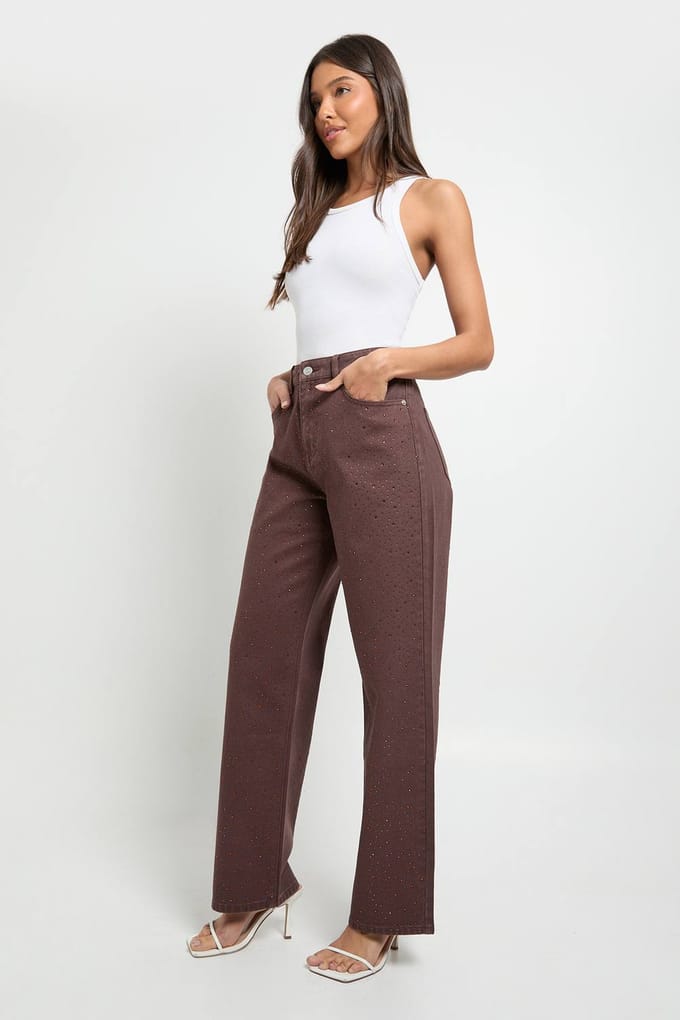 boohoo Dames Versierde hoge taille, wijde pijpen spijkerbroek | Chocoladebruin | Maat: 36