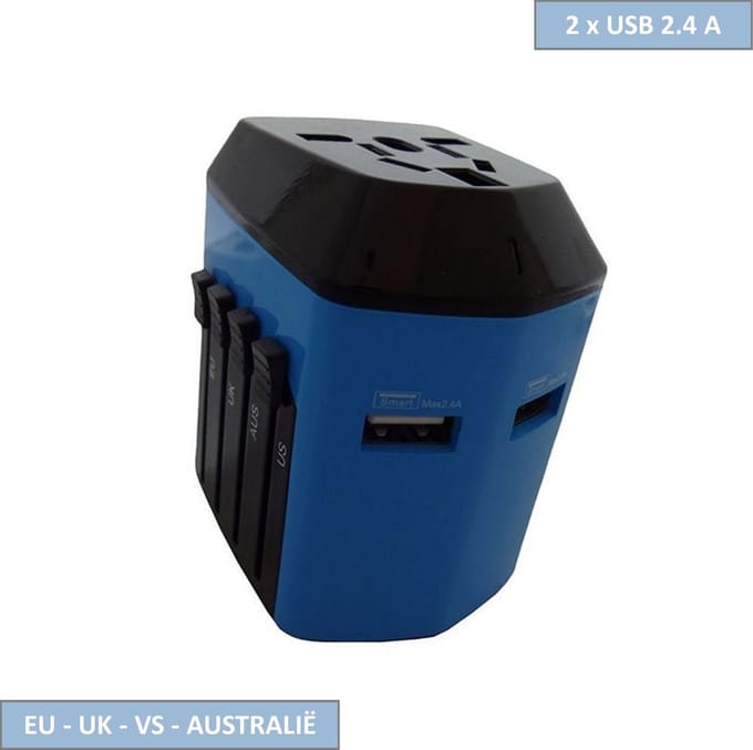 Q-link Reisstekker - Wereldstekker - EU, VS, UK en Australië - 2 x USB lader 2.4A - Blauw